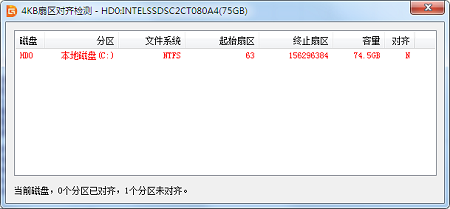 diskgenius中4K对齐检测结果