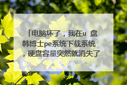 电脑坏了，我在u 盘韩博士pe系统下载系统，硬盘容量突然就消失了，使pe系统无法安装。这样怎么办？