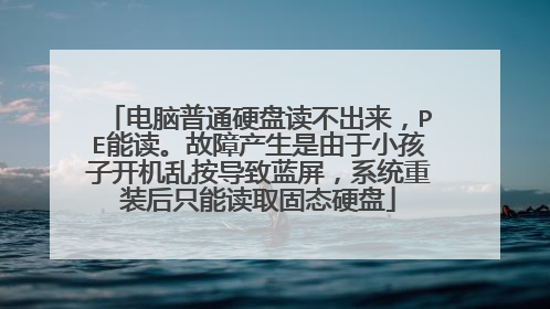 电脑普通硬盘读不出来,PE能读。故障产生是由于小孩子开机乱按导致蓝屏,系统重装后只能读取固态硬盘