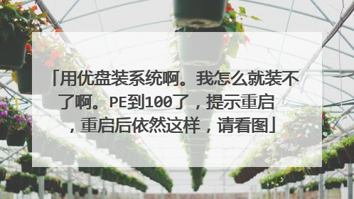 用优盘装系统啊。我怎么就装不了啊。PE到100了，提示重启，重启后依然这样，请看图