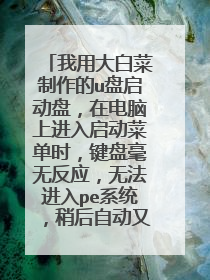 我用大白菜制作的u盘启动盘,在电脑上进入启动菜单时,键盘毫无反应,无法进入pe系统,稍后自动又从硬盘启