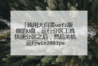 我用大白菜uefi版做的U盘，运行分区工具快速分区之后，然后关机运行win2003pe（win8p