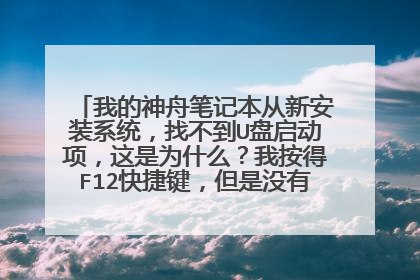 我的神舟笔记本从新安装系统，找不到U盘启动项，这是为什么？我按得F12快捷键，但是没有U盘，之前大