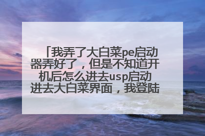 我弄了大白菜pe启动器弄好了,但是不知道开机后怎么进去usp启动进去大白菜界面,我登陆密码忘记了,