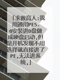 求救高人:我用通用PE5.0安装进D盘做成硬盘启动,但是开机发现不用选择就直接进了PE,无法进系统,