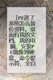 PE进了系统怎么备份资料。桌面有我的文档、我的电脑、安装PE镜像到硬盘、命令提示符、全自动恢复光盘