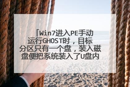 Win7进入PE手动运行GHOST时，目标分区只有一个盘，装入磁盘便把系统装入了U盘内，无法找到C盘啊！！