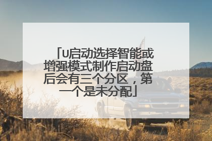 U启动选择智能或增强模式制作启动盘后会有三个分区,第一个是未分配